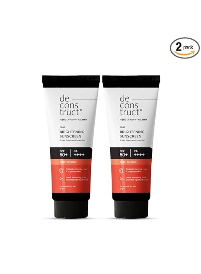 ديكونستركت واقي شمس سائل مُفتّح للبشرة من دي كونستركت، عامل حماية من الشمس 50+ مع النياسيناميد | خفيف الوزن، مرطب، وذو مظهر ندي | حماية من الأشعة فوق البنفسجية UVA/UVB | يدوم حتى 8 ساعات، مقاوم للماء، لا يترك طبقة بيضاء | 50 غرام | عبوة من قطعتين - Image 1